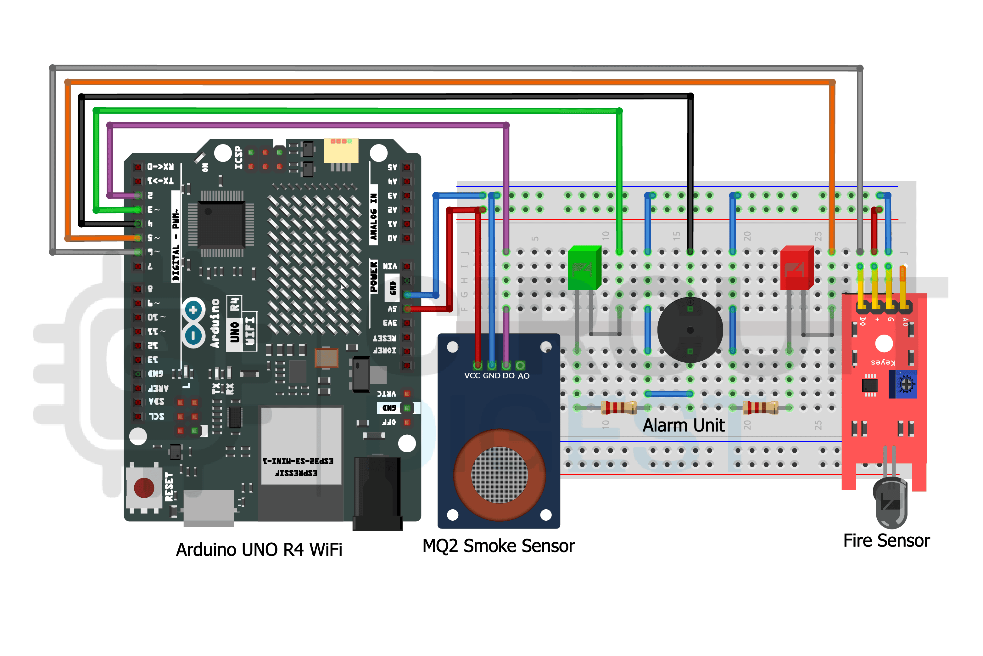 Circuit Diagram of Arduino Fire and Smoke Alarm System Circuit Diagram of Arduino Fire and Smoke Alarm System