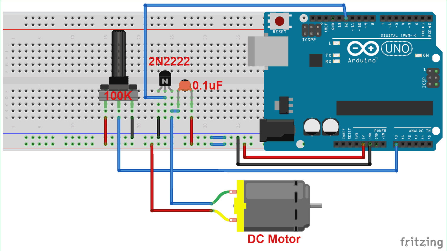 DC Motor Speed Control circuit diagram using Arduino and Potentiometer