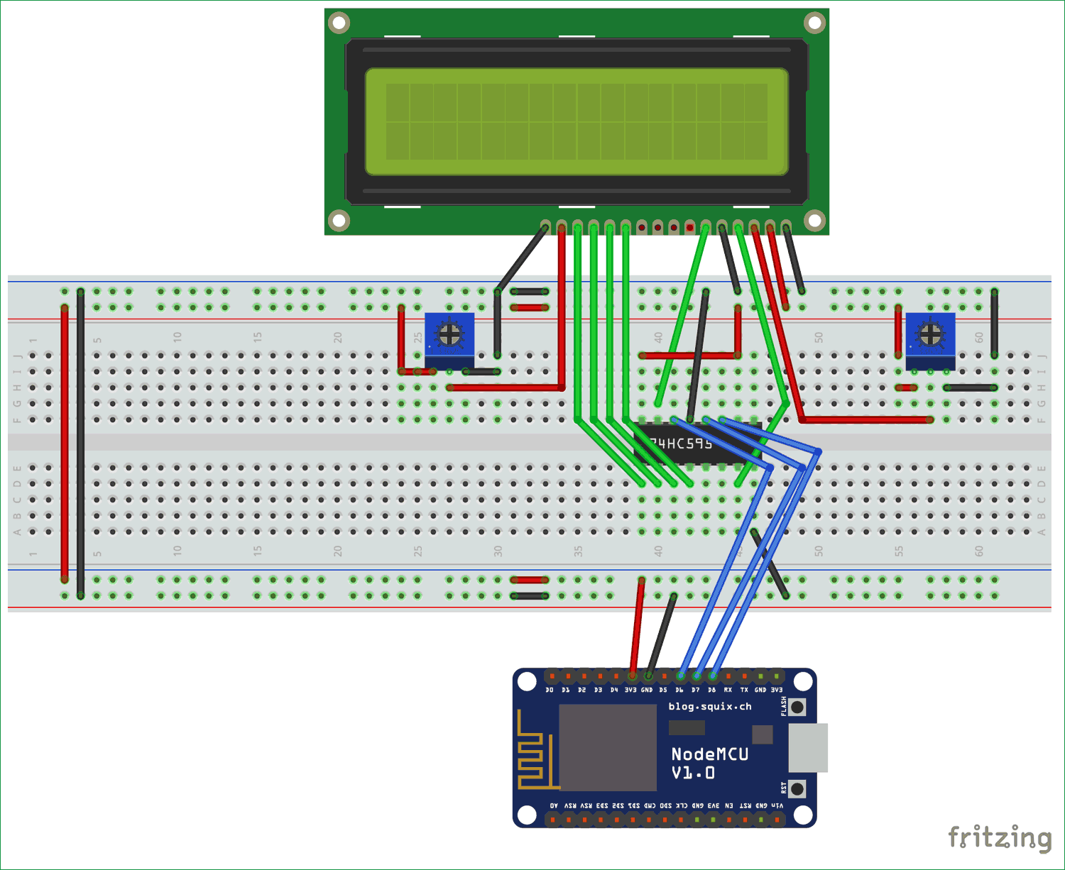 Interfacing circuit diagram of LCD with ESP12 using Shift Register SN74HC595N