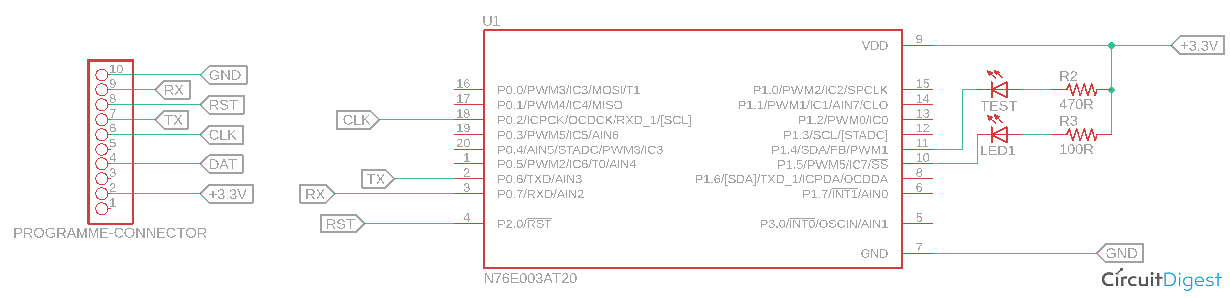 LED interfacing with Nuvoton N76E003 Circuit Diagram