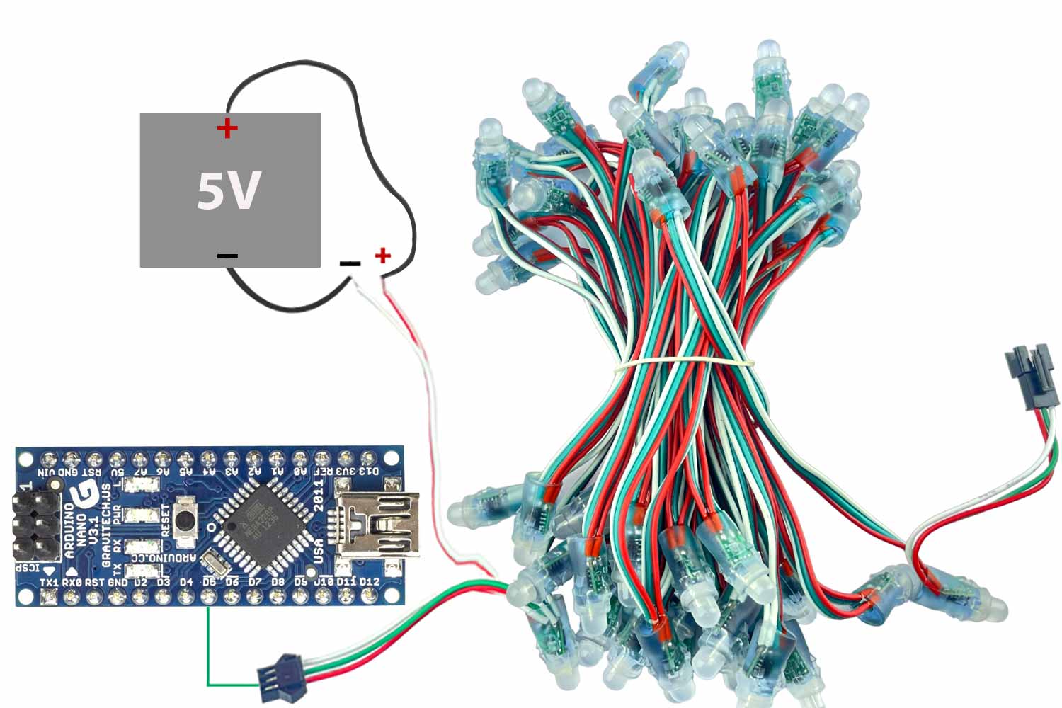 Circuit Diagram of Interfacing Arduino with WS2811 LED Strip