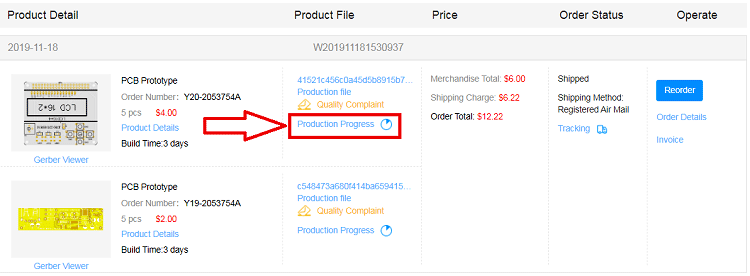 JLCPCB order page and production details