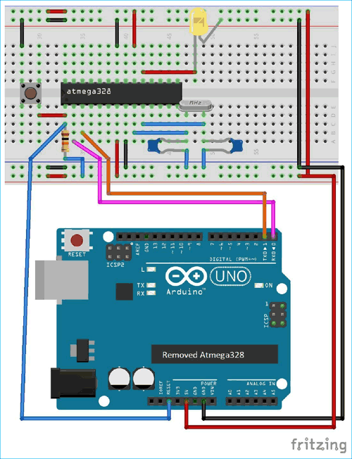 Circuit Diagram for Programming Atmega328 Chip using Arduino board