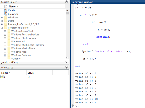 Continue Statement MATLAB