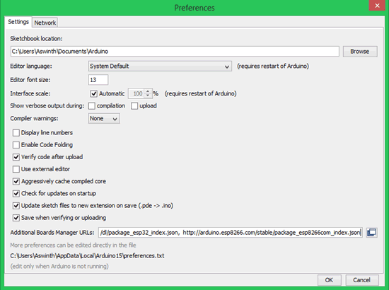 Enter additional Arduino Board Manager URLs