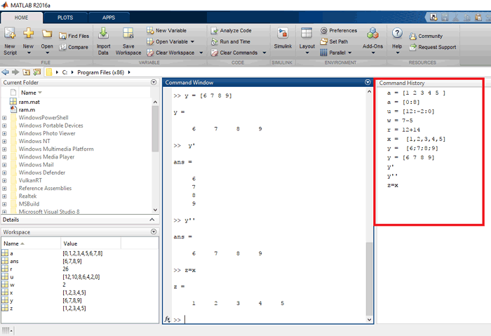 MATLAB Command History