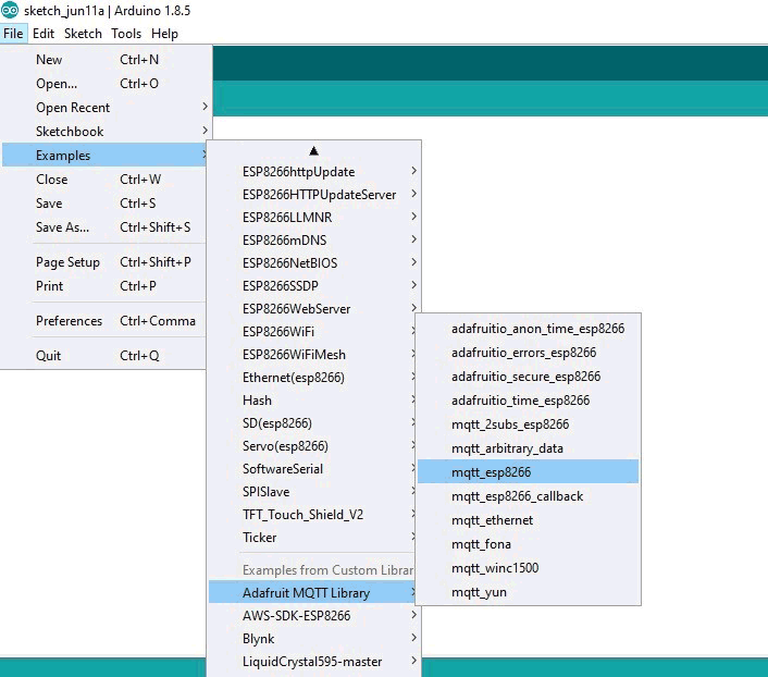 Open Example for mqtt esp8266 in Arduino UNO