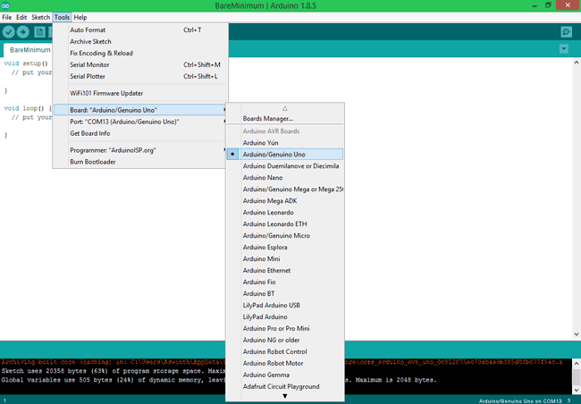 Select for Arduino UNO as your Board types