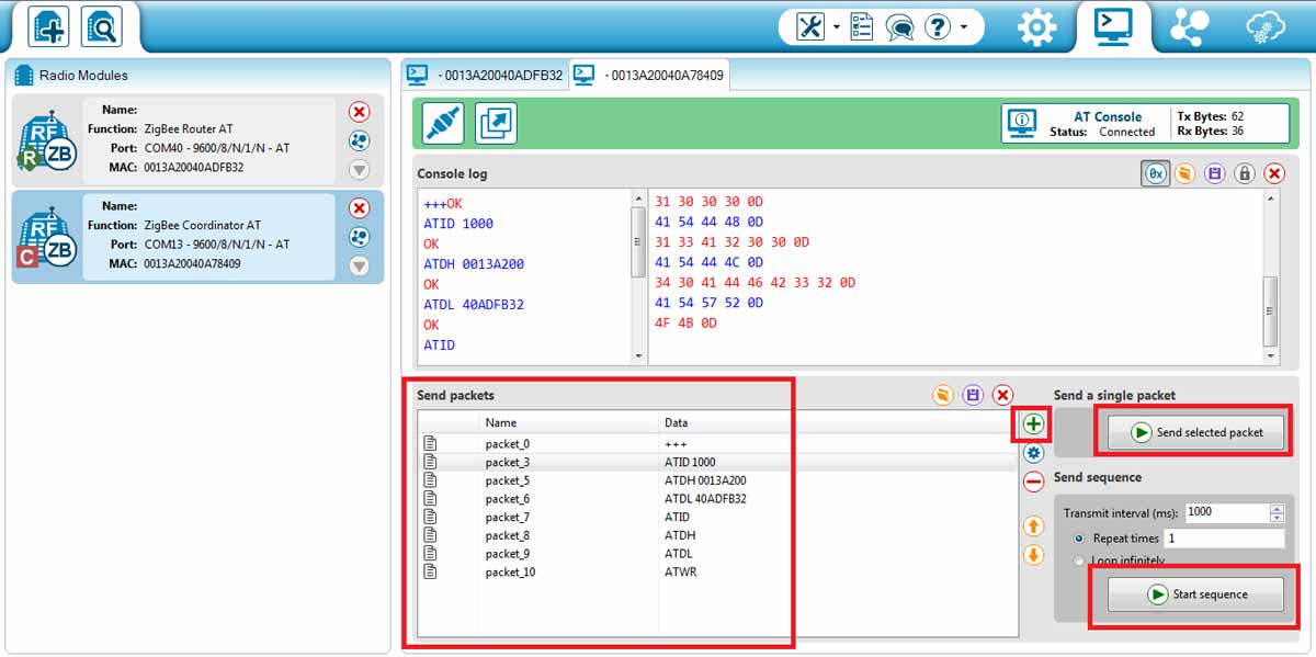 Xbee radio module in console window for configuring it