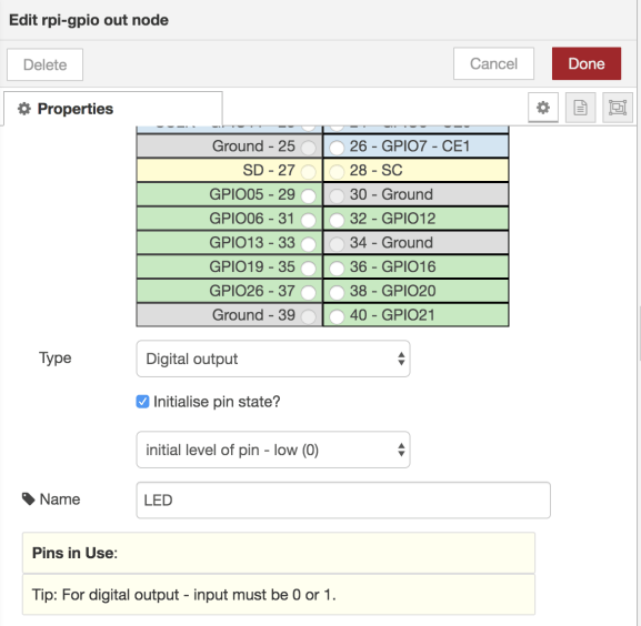 Choosing GPIO for Flow in Node-RED