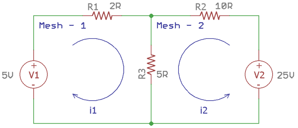 Solving Two Meshes using Mesh Current Analysis