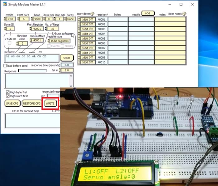 Testing the Arduino UNO as RS485 Modbus Slave