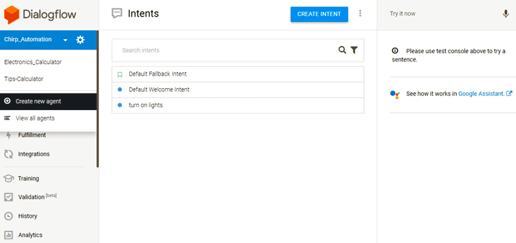 Dialogflow Console for Arduino Home Automation