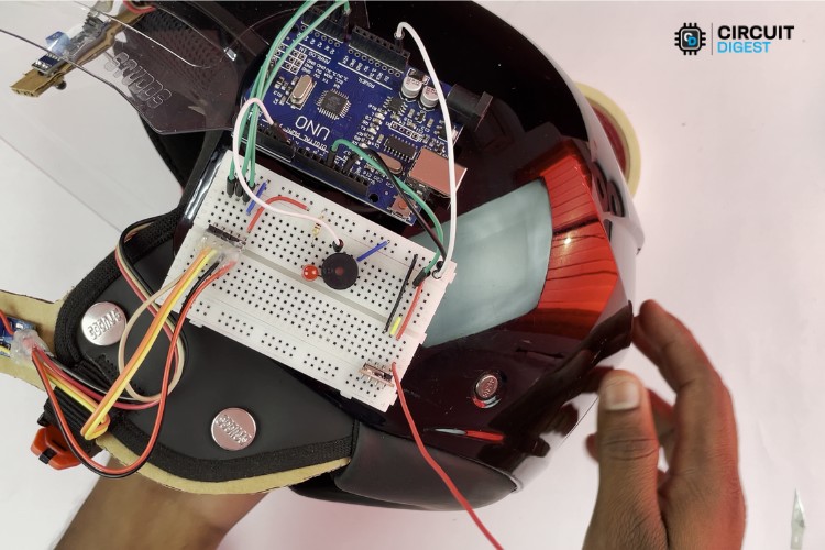Breadboard with Arduino attached to the Helmet
