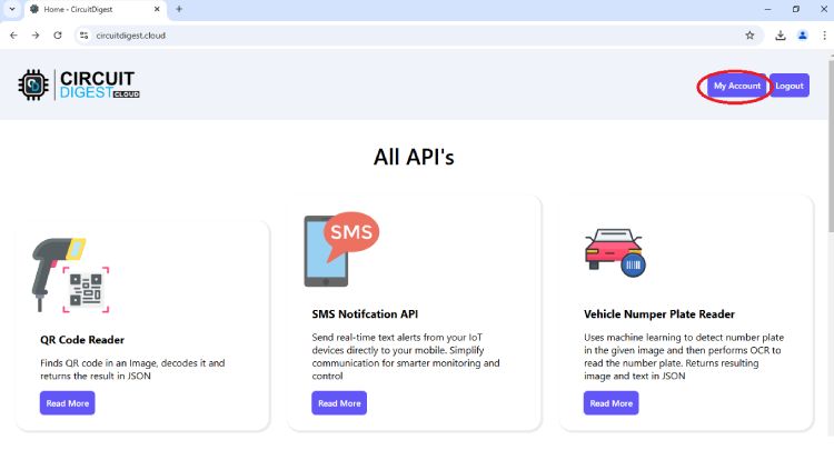 Accessing API key page via My Account on Circuit Digest Cloud