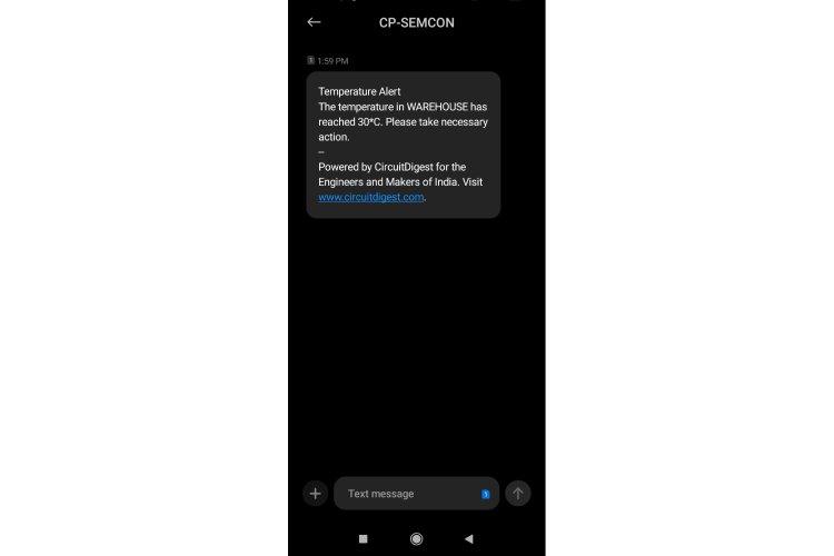 Example SMS alert showing initialized Message Send via SMS API