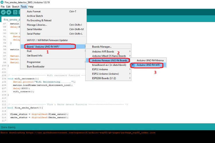 Selecting Arduino UNO R4 WiFi board in Arduino IDE